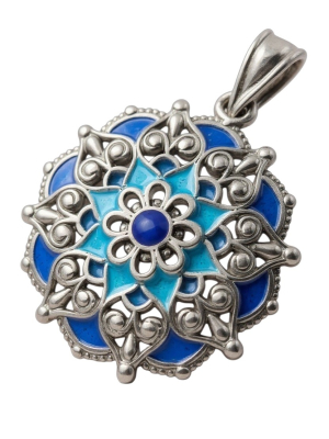 Újjászültés, mandala medál, kék és antik oldallal