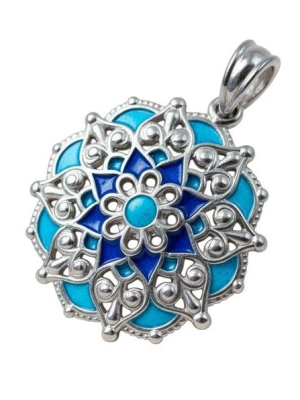 Újjászületés, mandala medál, kék és zöldeskék oldallal