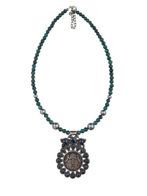 Lázsiás nyakék aventurin gyöngysorral, antik sárgaréz szín