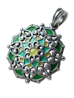 Újjászületés, mandala medál, zöld és antik oldallal